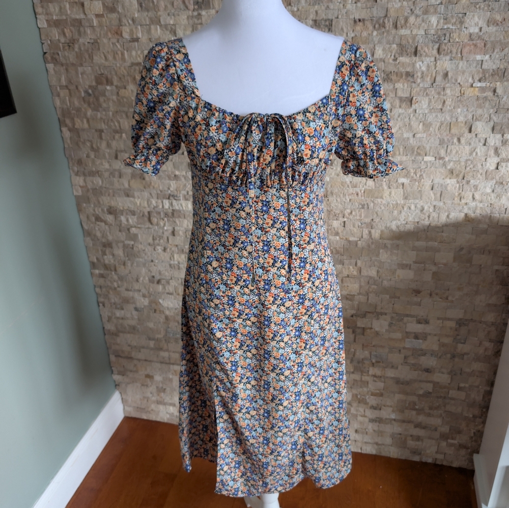 Ditsy Floral Print Midi Cottagecore Romantic Prairie Spring Dress Square Neck S